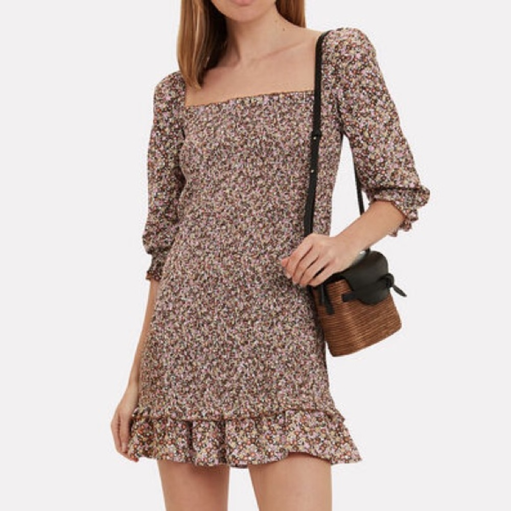 ES SAADA Faithfull The Brand Brown & Pink Floral Print Shirred Puff Sleeve Mini